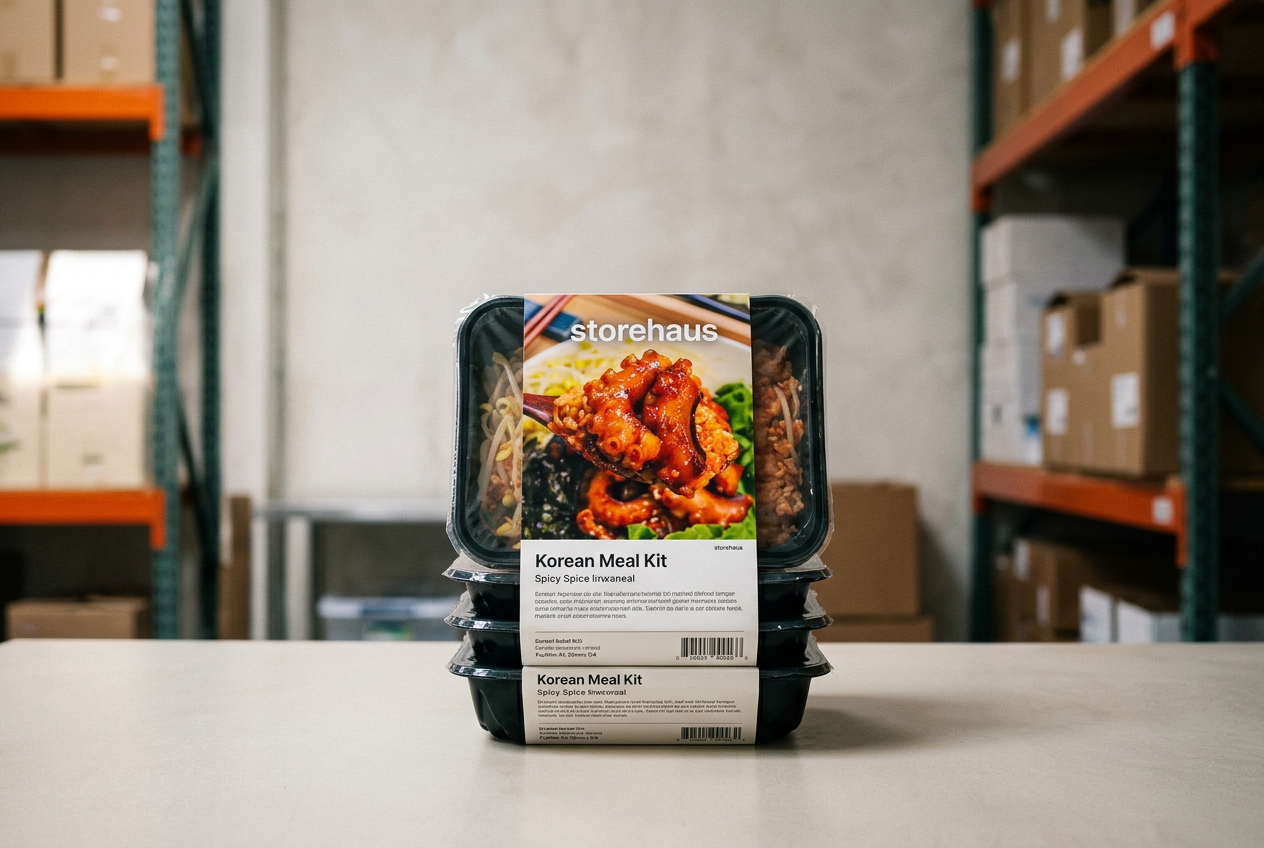 Multi-pack Korean meal kits stacked for the week