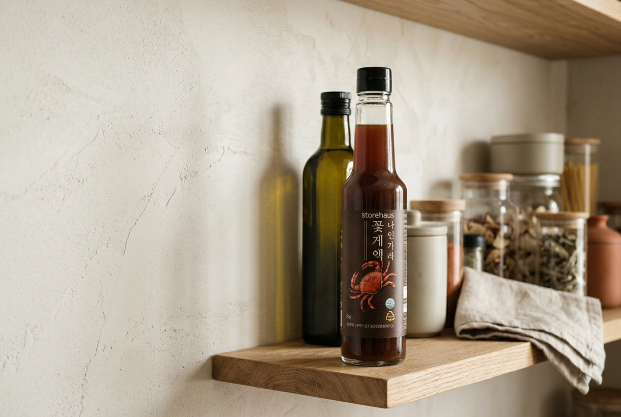 Pantry bottles and seasoning staples lined up for cooking