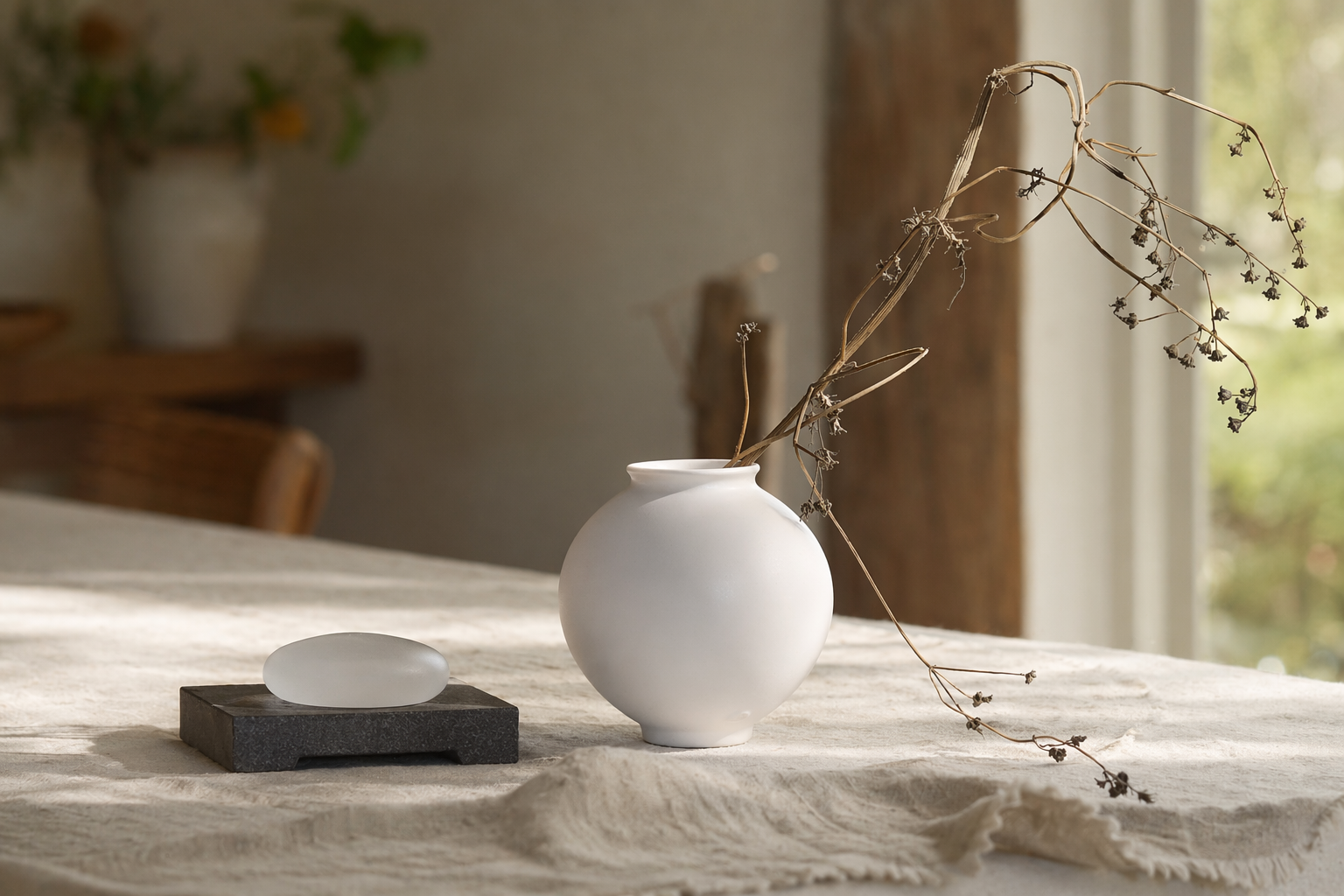 Moon jar inspired ceramic vessel with a soft, rounded silhouette.