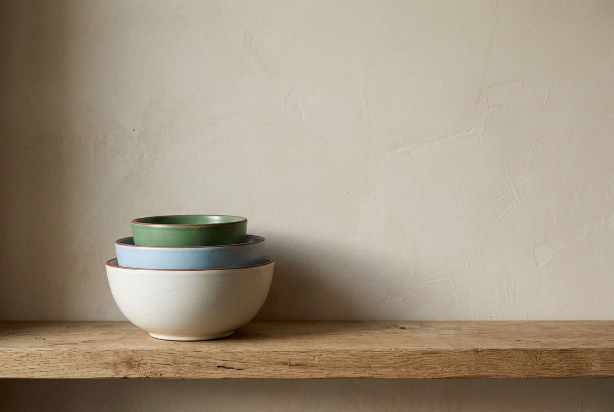 Artisan-thrown bowls with a calm glaze and tactile finish.
