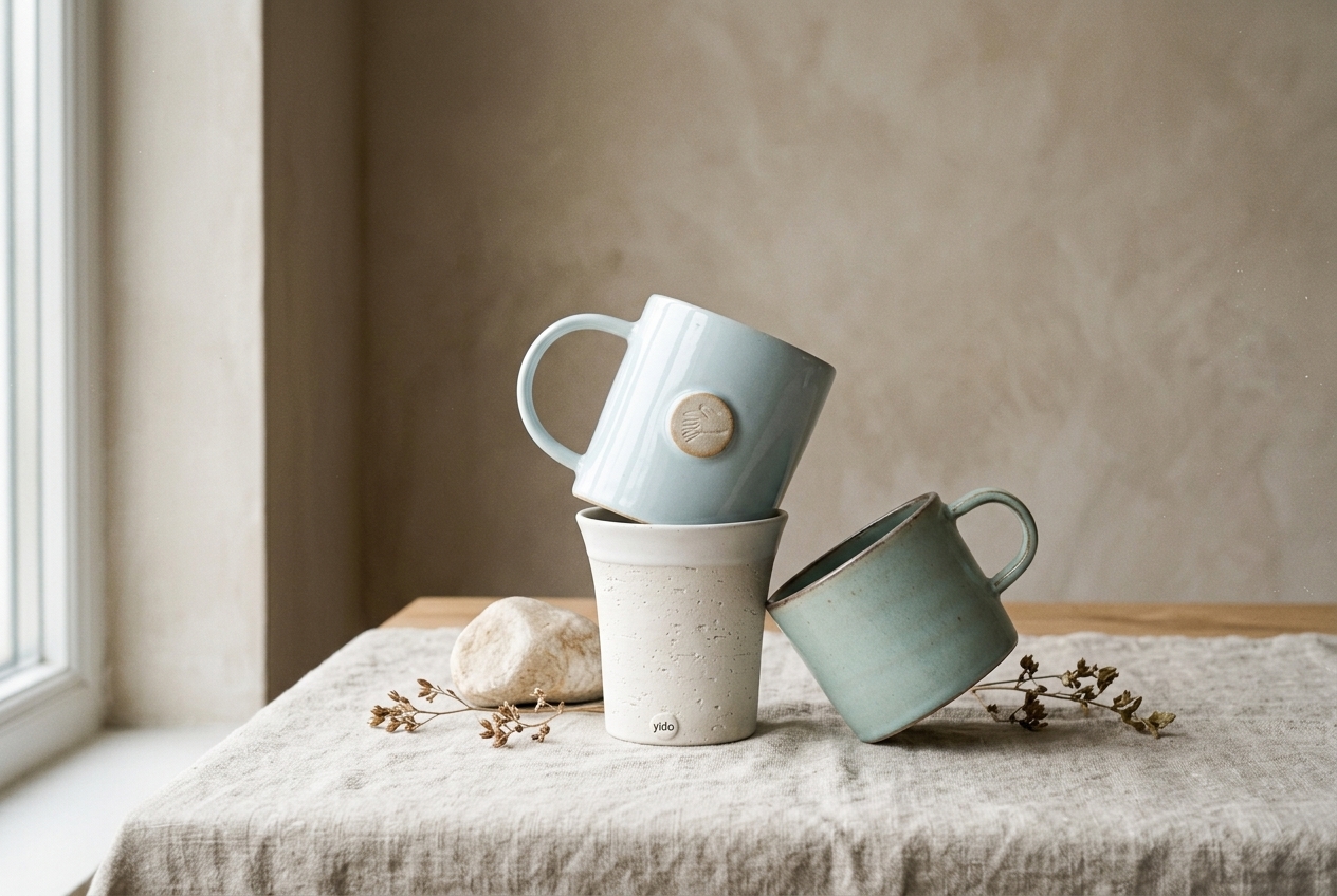 Gift-ready ceramic cups wrapped for a housewarming present.